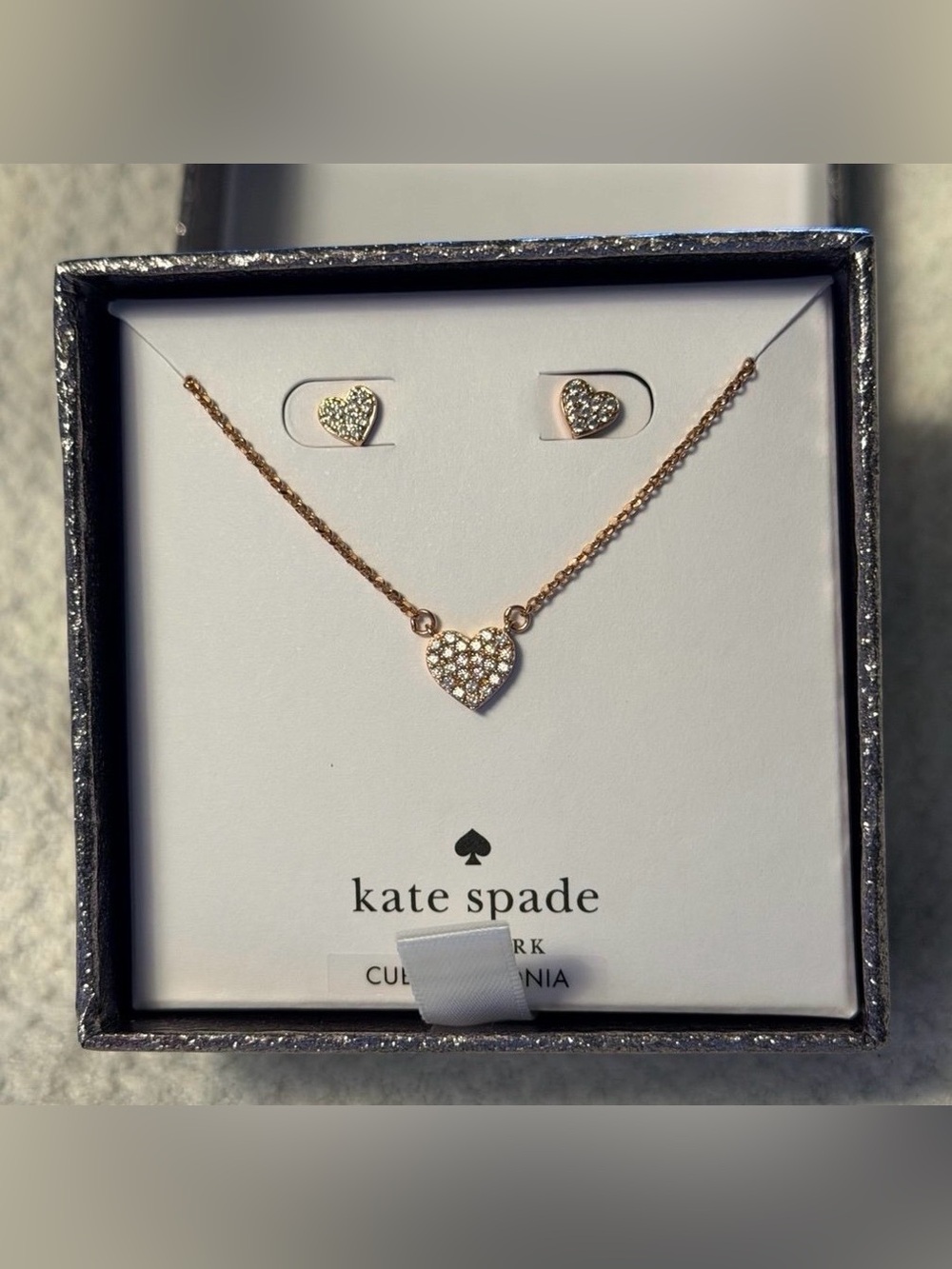 Kate Spade Yours Truly Rose Gold Heart Earrings and Necklace Set New in Box